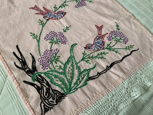 Pink Folk Art Dresser Scarf With Southern Belle, Birds, Flowers 63x16 Cotton