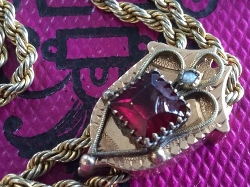 Antique vtg gold filled watch chain~large slide w pearl & red stone early 1900