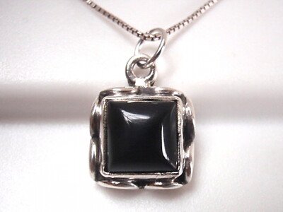 Black Onyx Square with Rope Style Accents 925 Sterling Silver Necklace