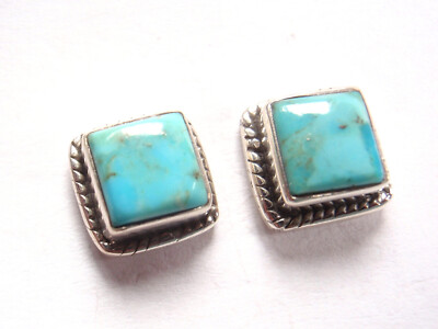 Turquoise Square 925 Sterling Silver Stud Earrings with Rope Style Accents