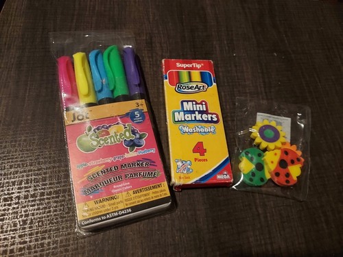 LOT - Jot Scented Marker 5 Pc, RoseArt Mini Markers, 4 cute erasers