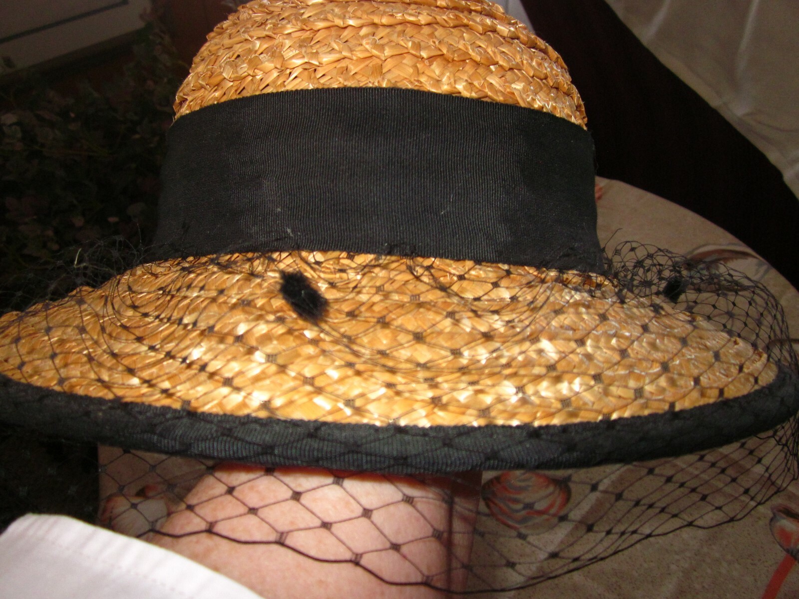 Kathy Jeanne Vintage Straw Hat with Black Ribbon and netting