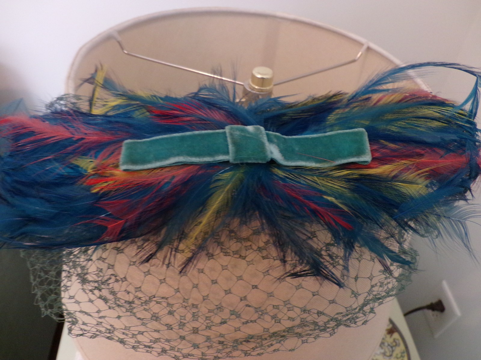 Vintage Ladies Hat Feather Hat with face netting, Union Made