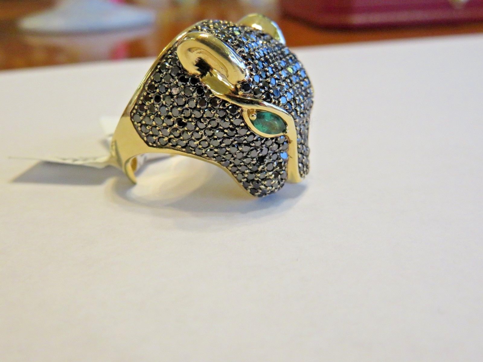EFFY 14K YELLOW GOLD 3.80 CT BLACK DIAMOND & EMERALD PANTHER RING SZ 9  26 X 22