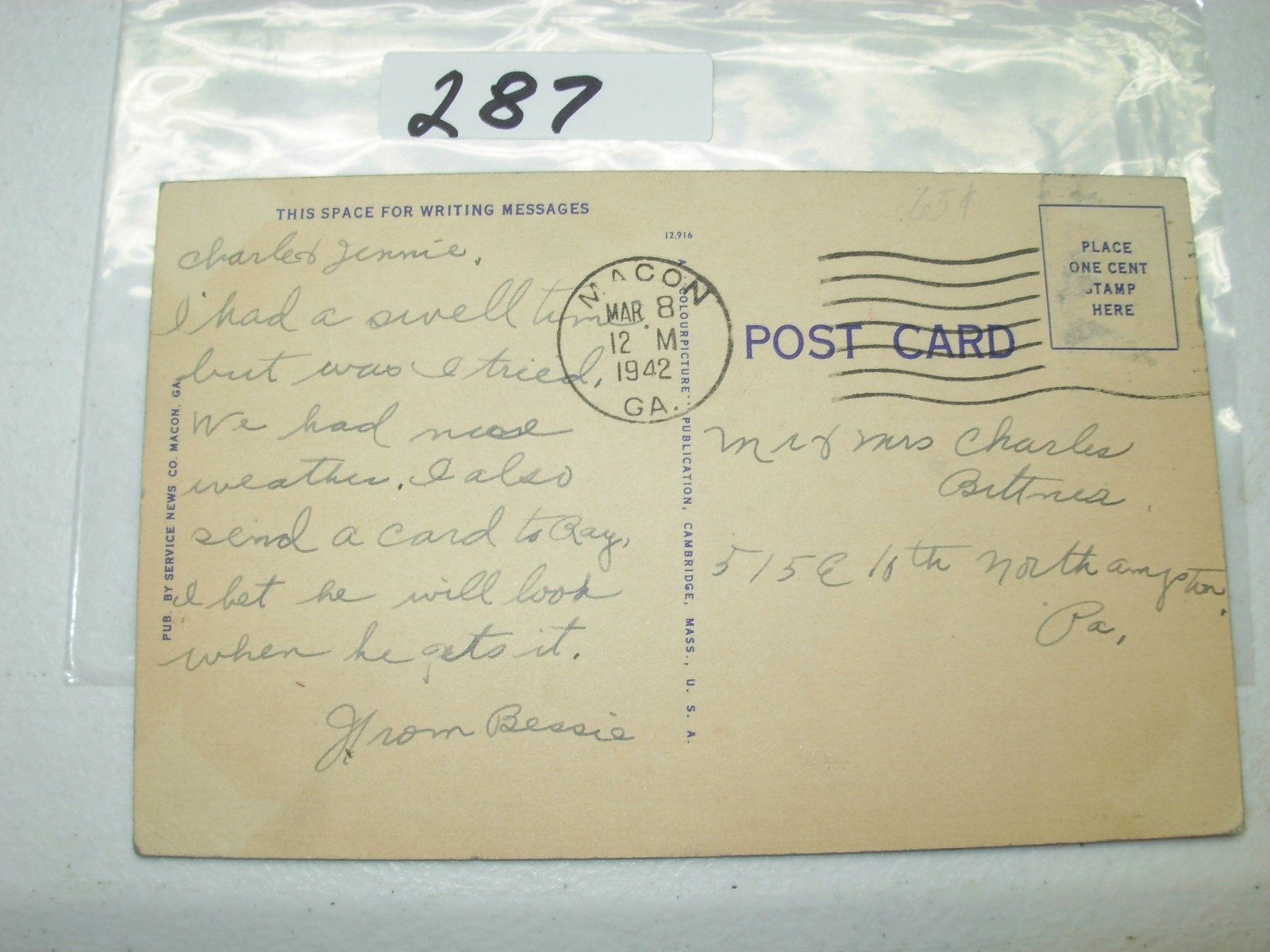 POSTCARD GEORGIA,MACON, CHERRY STREET LOOKING EAST AT NITE 1942 #287