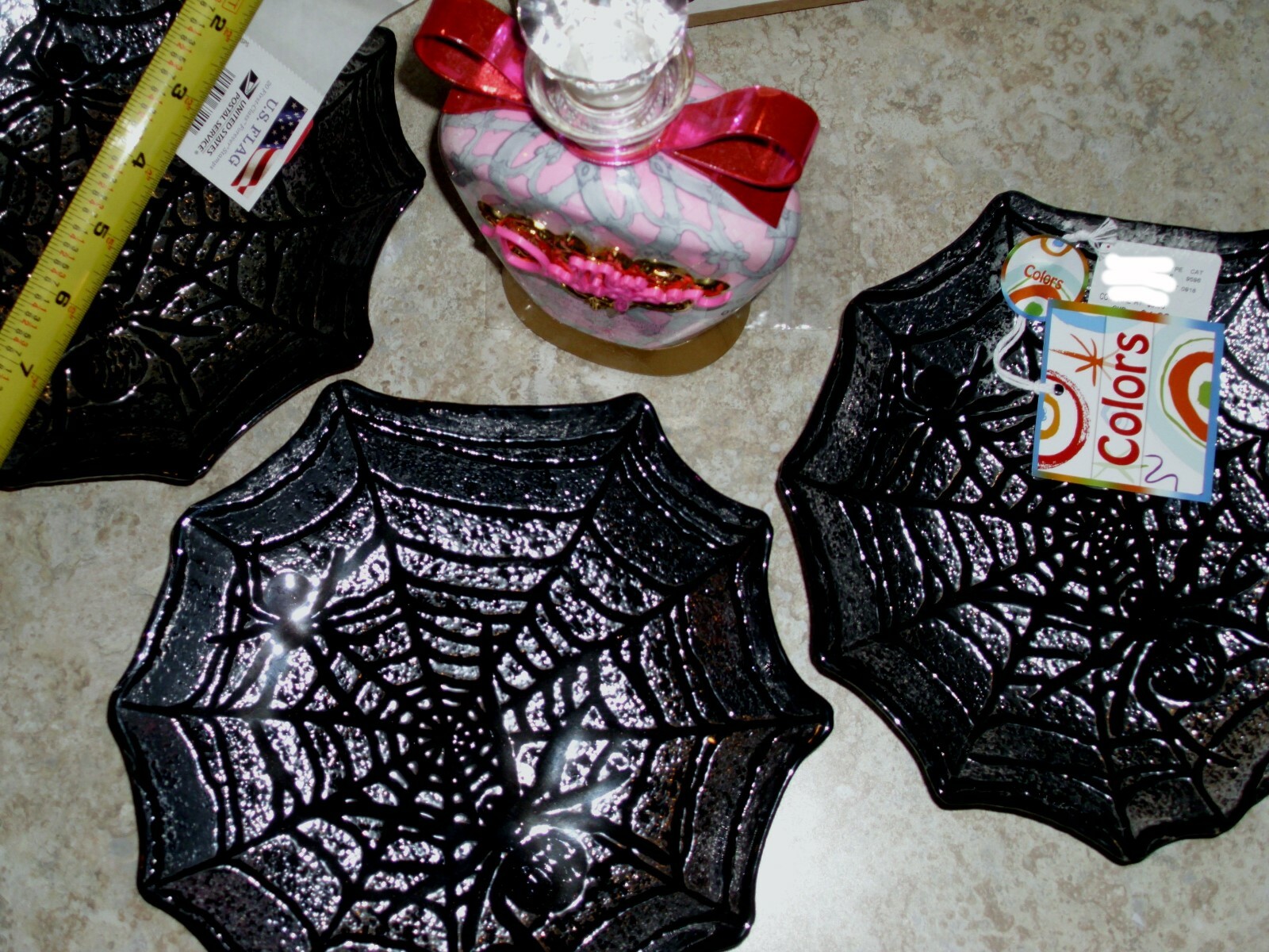 $60 3 Black Goth GLASS Spiders Colorful Spiderweb Plates Dishes Hand Decorated