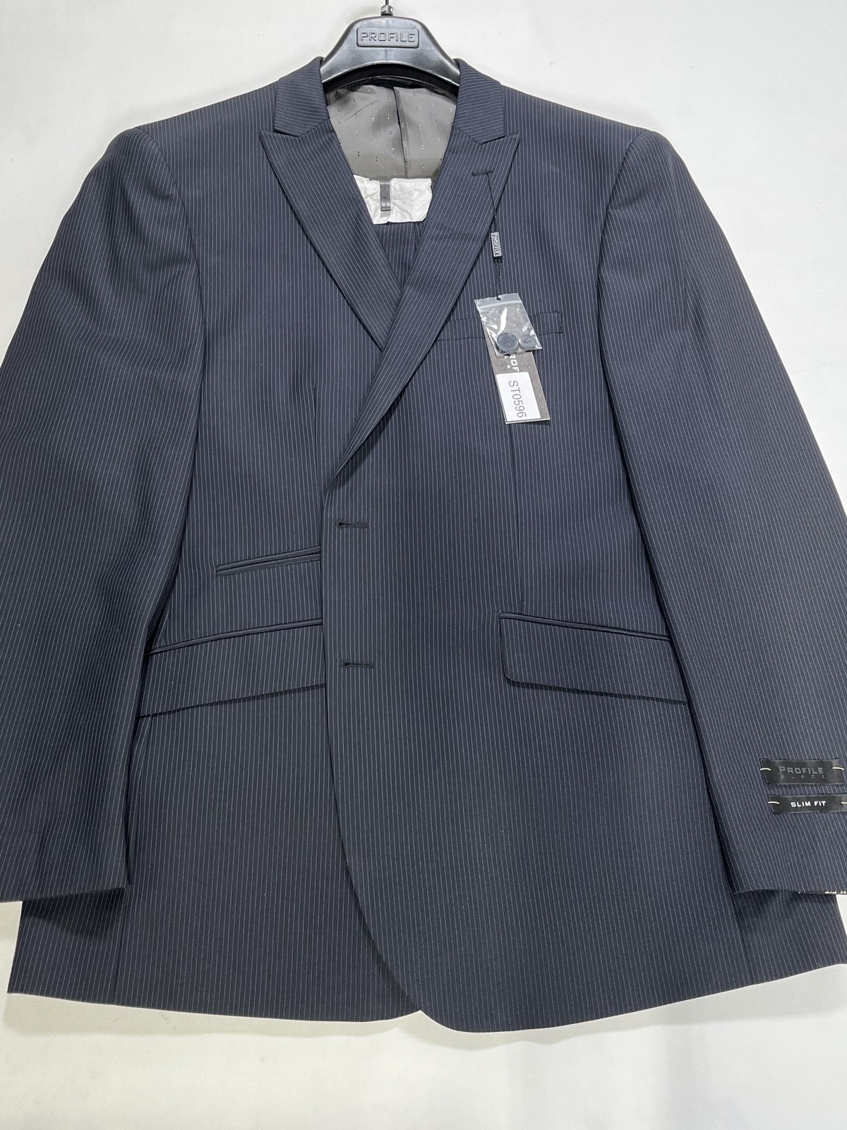 Mens Profile Black Navy Striped Slim Fit Suit Size 46R 40W NEW