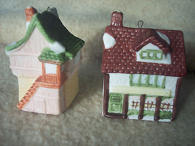 2 Christmas Village House Tree Ornaments Painted Ceramic 2.5" Tall