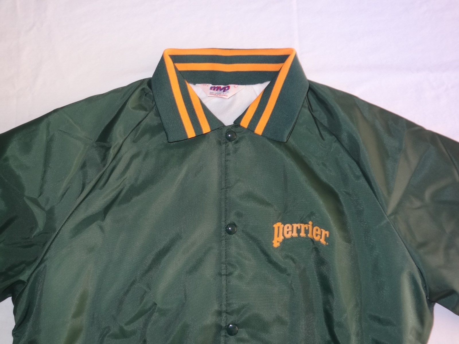 Vintage MVP Perrier Soda Sparkling Water Logo Promo Snap Jacket Large USA made