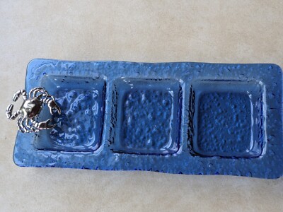 Beautiful Blue Bubble Glass 3 Compartment Serving Tray w/ Silver Crab Attached