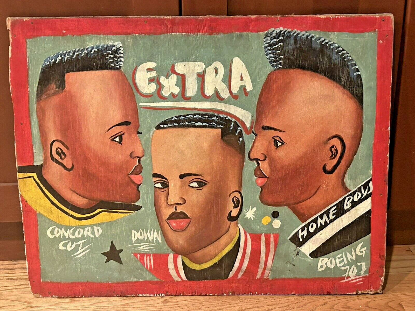 Hand-Painted Barbershop Sign from Ghana, Africa Outsider/Naive/Folk Art  Vintage