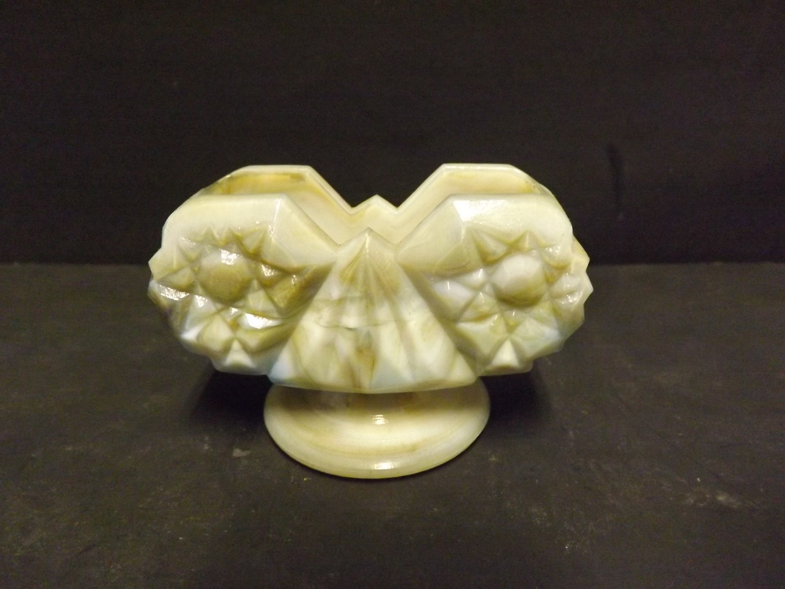 RW MARKED ALABASTER MARBLED BLUE SMOKEY CREAM PEDESTAL DECK OF CARD HOLDER