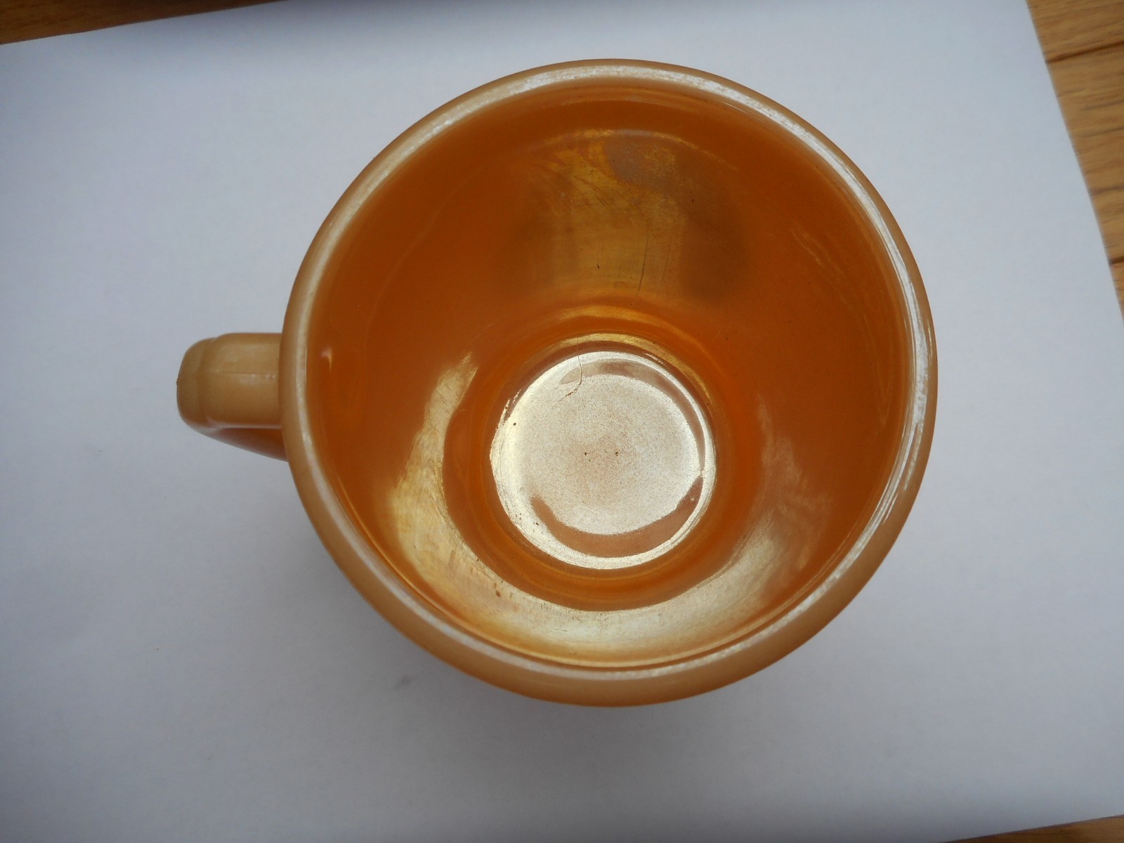 Vintage A.J. Bayless Grocers Grocery Fire King Peach Lustre Glass Coffee Cup