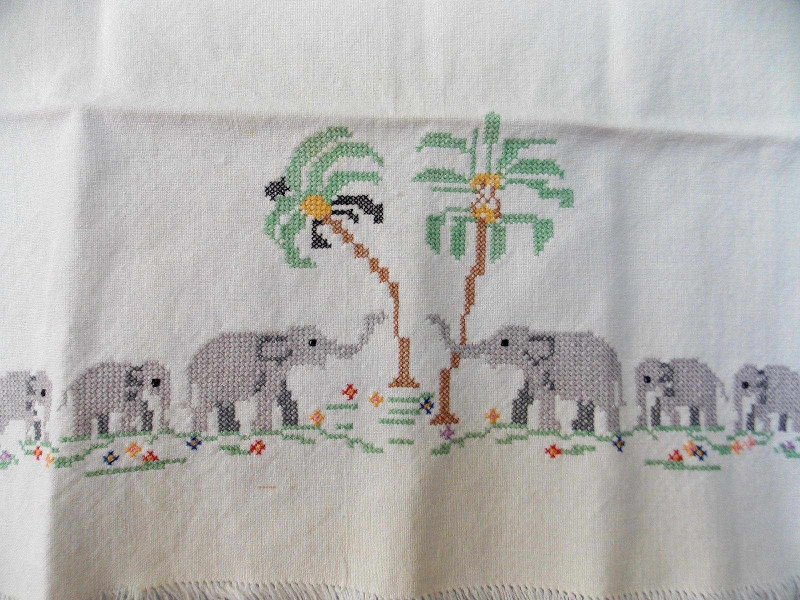 2 Vintage Embroidery Hand Towels Swami Cobra Elephants On White