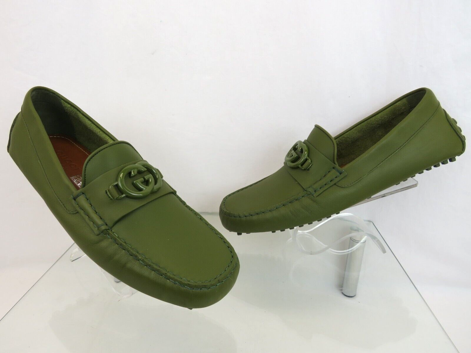 Pre-owned Gucci 692379 Olive Green Leather Gg Logo Moccasin Driving Loafers 10 / Us 11