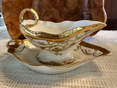 Vintage Lewis Strauss & Sons LS&S Limoges France Gold Gilt Flower Gravy Boat