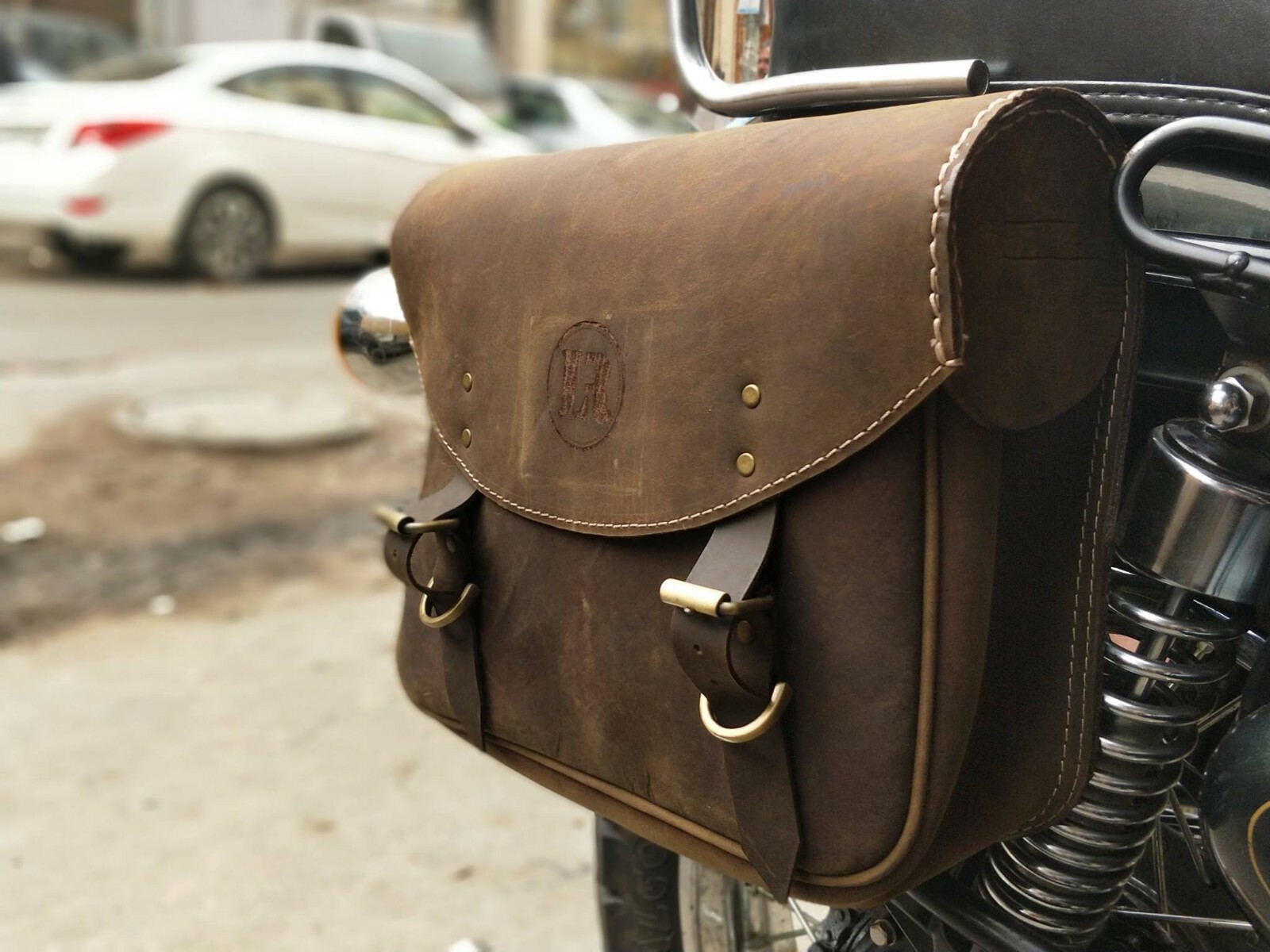 Pure Leather Engraved Saddle Bag For Royal Enfield Bullet Classic Rusty