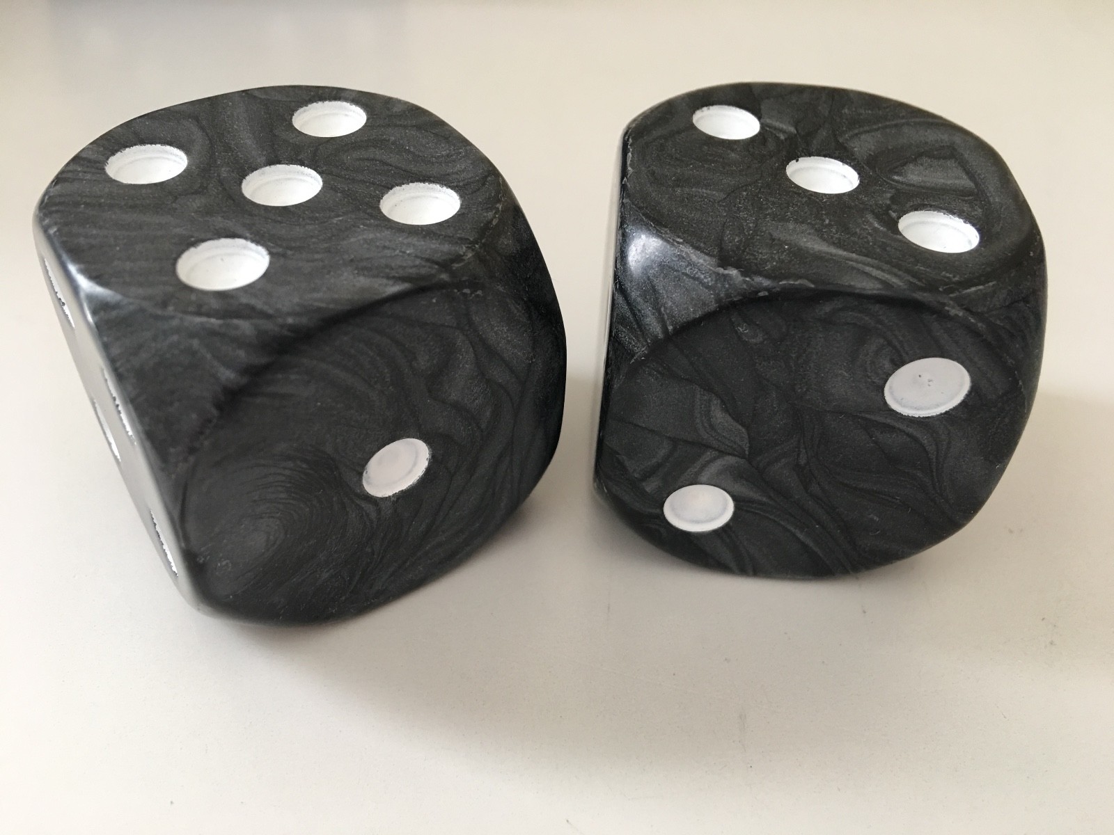 2 36mm Jumbo Large D6 Dice Black Pearl with White Pips High Quality D & D RPG