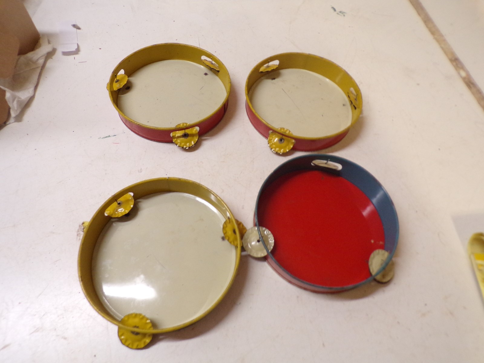 4 Old Lithographed Metal Child's Toy Tambourines