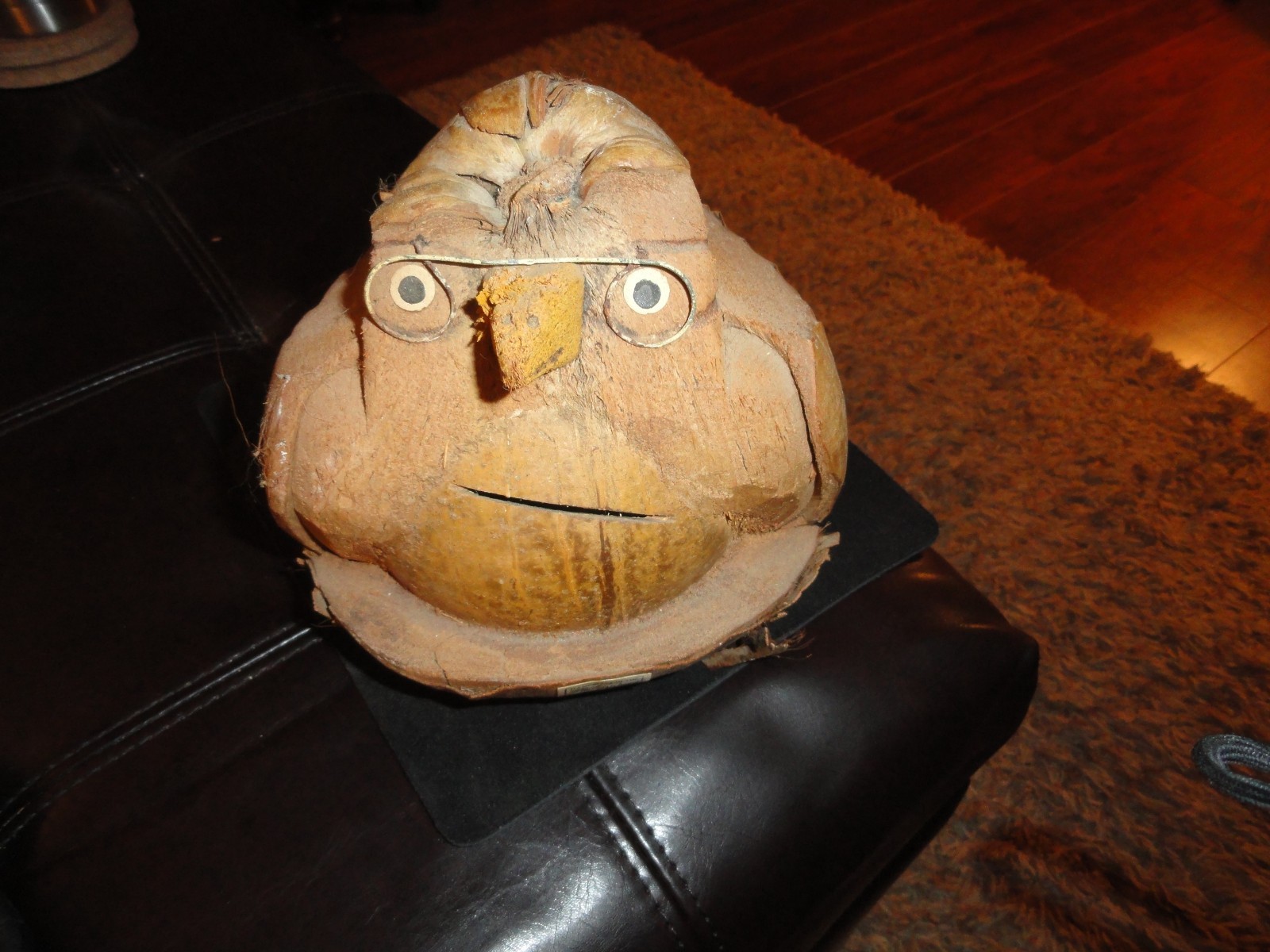 Large Old Vintage Handmade Carved Coconut Owl Head made in Philippines glasses