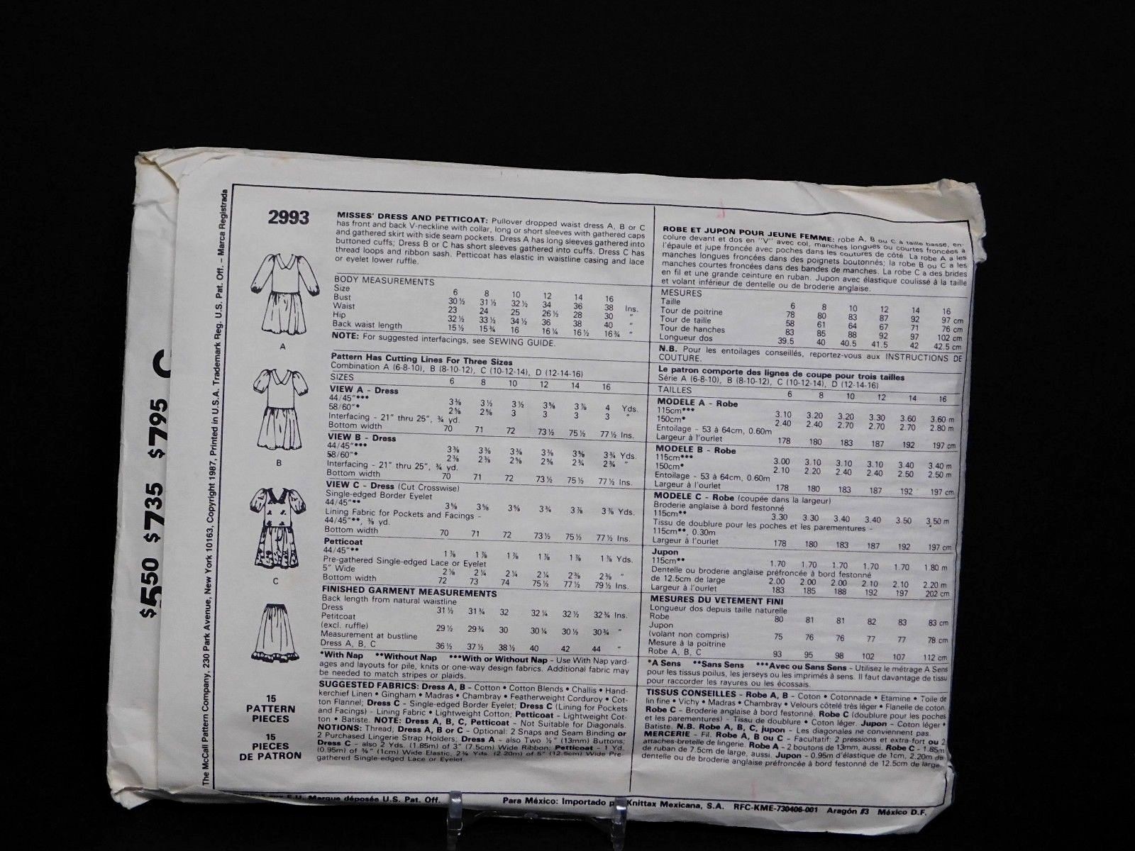 !987 McCall's Sewing Pattern #2993 Size A (6-8-10) Ladies Dress New and Uncut