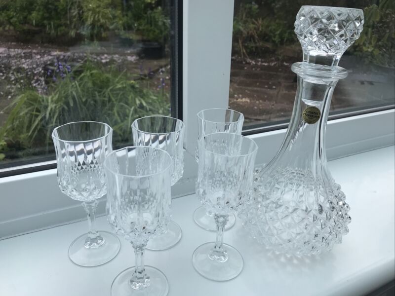 5 Cristal D'Arques Wine Glass Goblet With Decanter Crystal Fluted Stemware B5