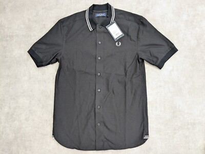 Fred Perry Shirt Mens Small Black Contrast Collar Mod Flat Knit Summer Casual S
