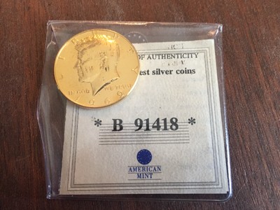 1969 D KENNEDY GOLD PLATED HALF DOLLAR W/AMERICAN MINT CERTIFICATE B 91418