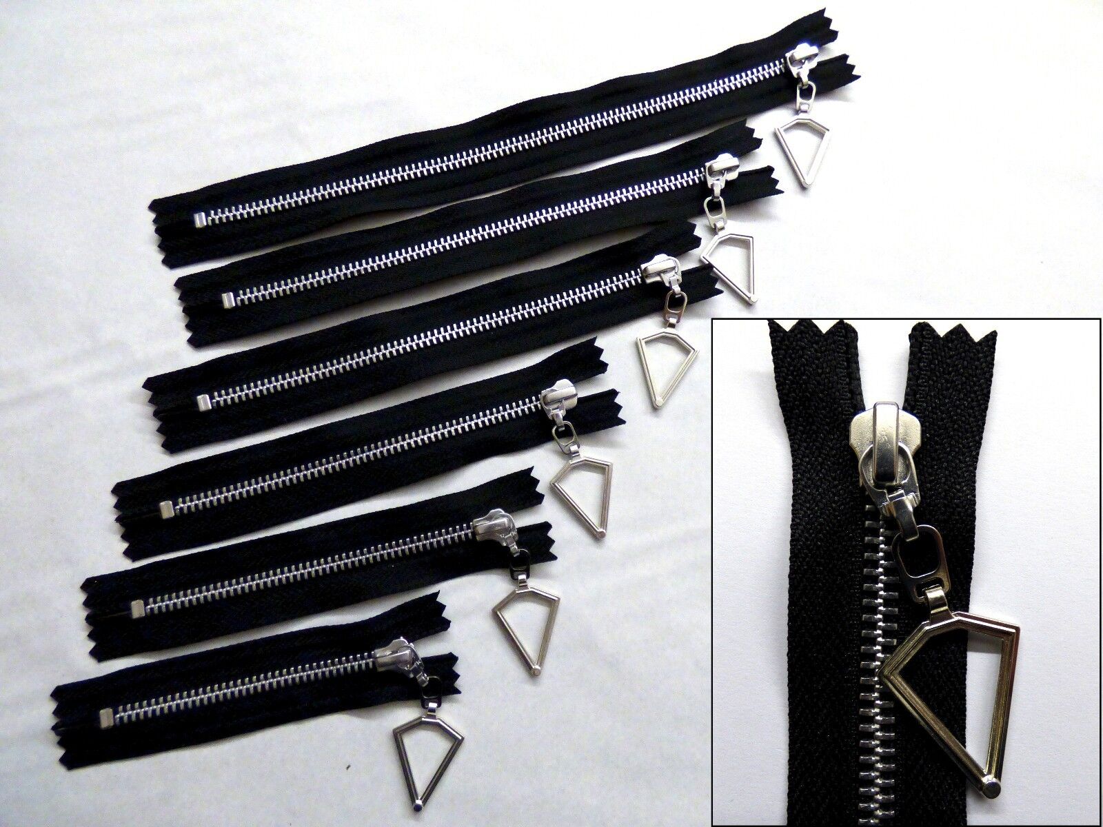 Zip, Zipper, Hanging Diamond Puller, Closed End, Metal, YKK, Black Zip, Zipper, Hanging Diamond Puller, Closed End, Metal, YKK, Black