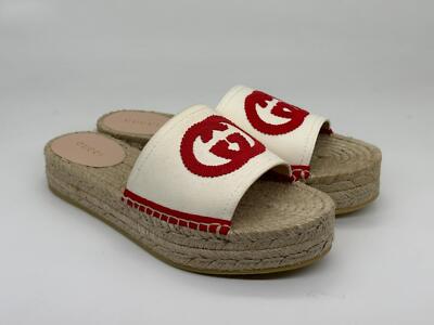 Pre-owned Gucci Pilar Gg Canvas Espadrille Slide Mule Sandal Flat Platform Shoes $580 In White, Red