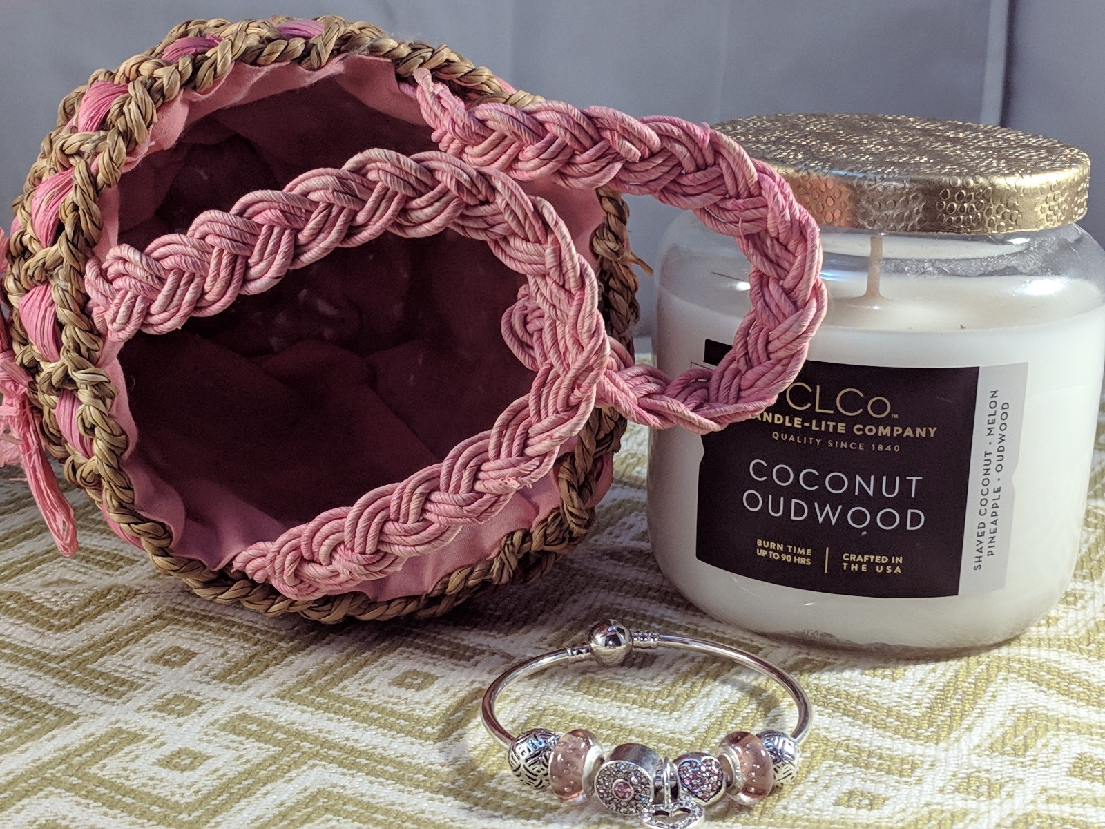 Pink and Natural Woven Hand  Basket