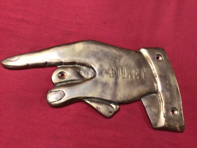 Vintage Bathroom Pub Solid Brass Hand Sign Retro TOILET Wall Plaque Finger Point