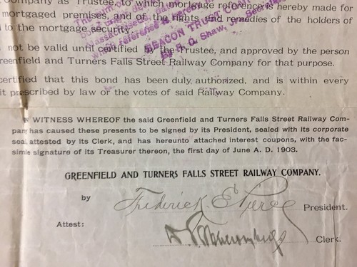 1903 The Greenfield and Turner Falls Street Railway Company Gold Bond Stock Mass