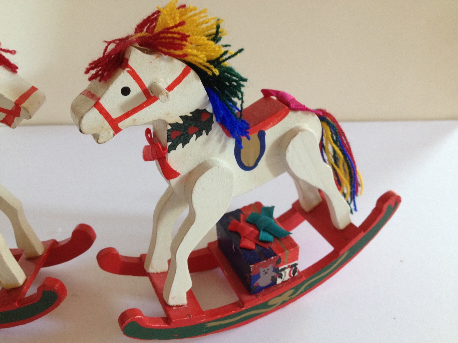 BEAUTIFUL WOOD HAND PAINTED PAIR OF CHRISTMAS ROCKING HORSES 1970'S