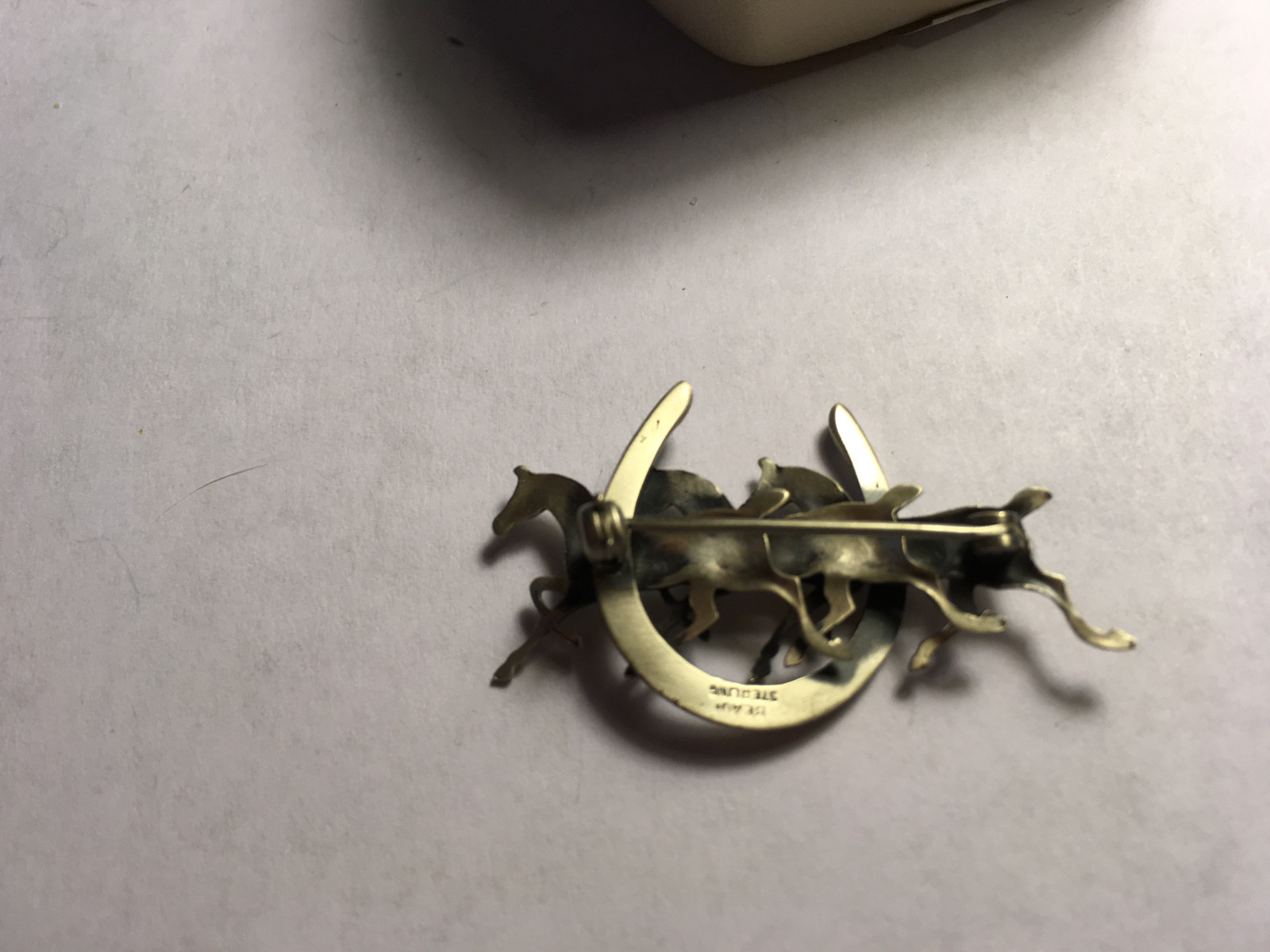 Vintage Beau sterling dimensional Three Horse in Horseshoe Brooch