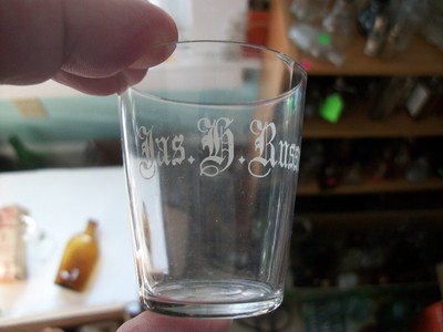 EARLY ACID ETCHED JAS K. RUSSELL THIN-WALL WHISKEY GLASS PRE-PROHIBITION