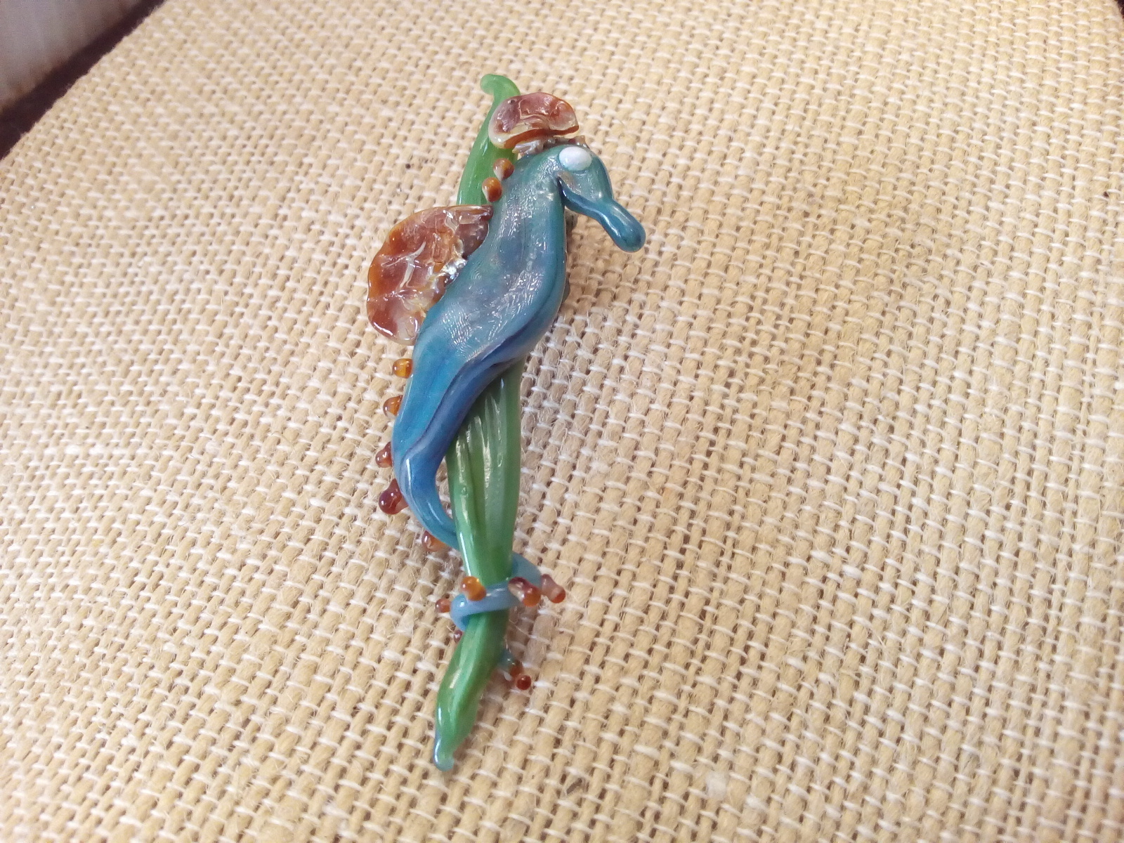 LNT- Handmade Boro Lampwork Focal Bead Pendant, SEA HORSE on SeaGrass Ln666, Sra