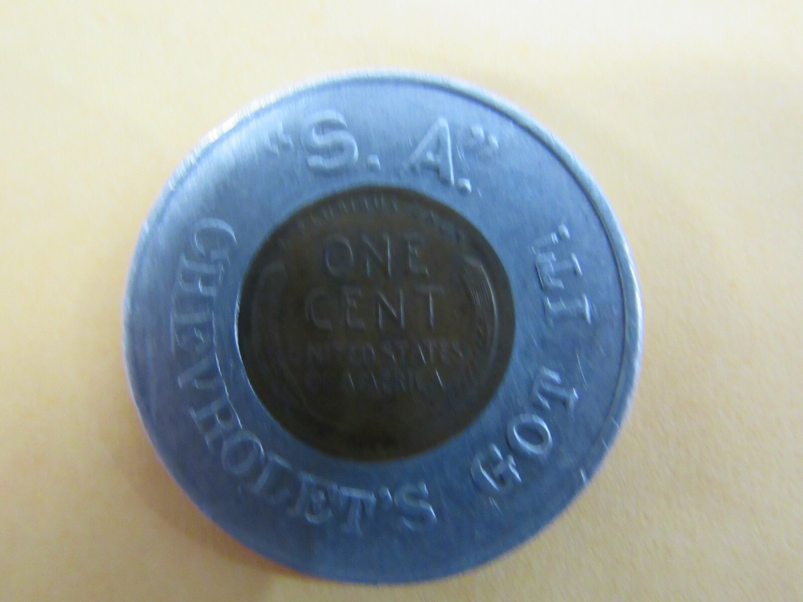 Vintage Coin Encased Cent Good Luck Penny 1947  S.A. S&A Chevrolet Somerset Pa.?