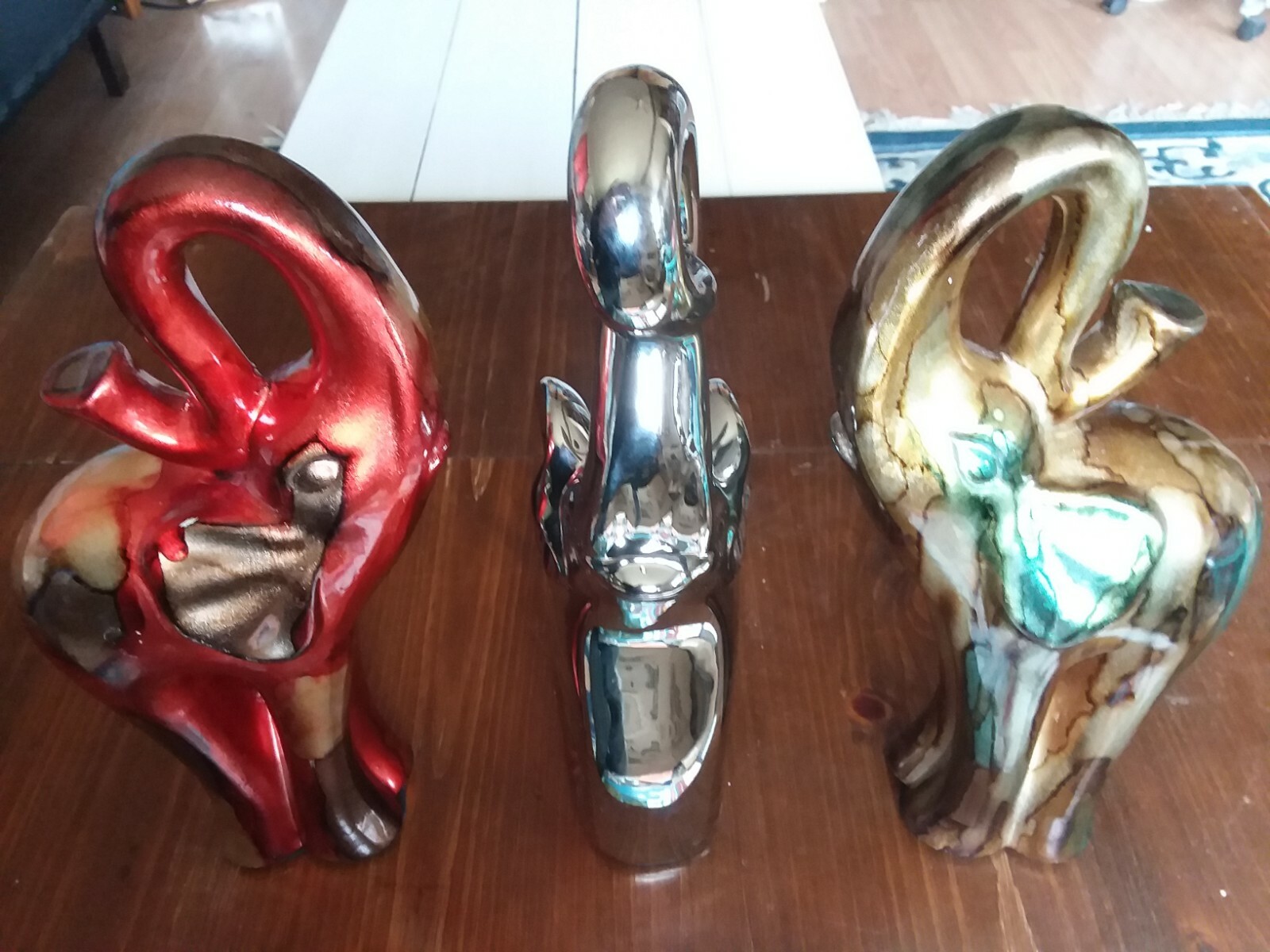 COLORFUL TRIO SET HAPPY ELEPHANTS> CERAMIC PORCELAIN ART>  13 INCHES TALL