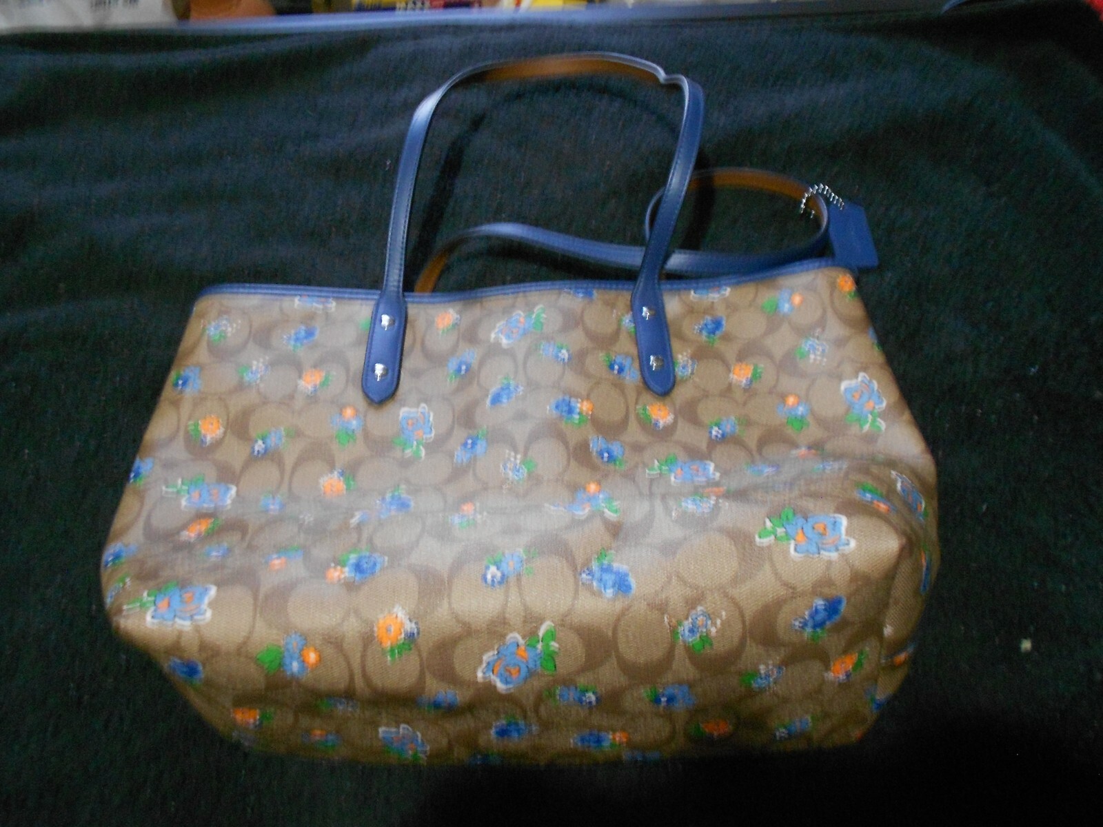 AUTHENTIC SET COACH FLORAL NAVY JEAN BLUE TOTE BAG F57888 & FULL SIZE WALLET