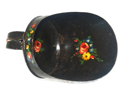 Old Vintage Hand Painted Tole Black Metal / Tin Decorative Floral Grain Scoop