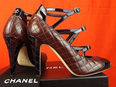 Pre-owned Chanel Burgundy Navy Quilted Leather Cc Logo Buckles Cage Pumps 40.5 $1050 In Red