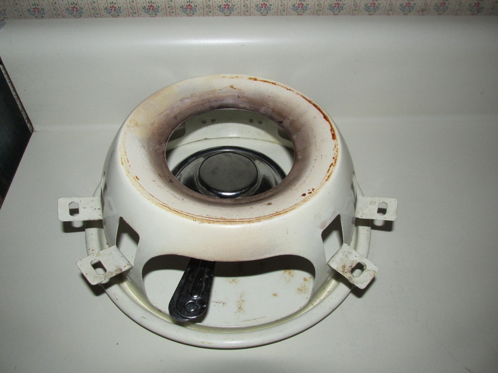 Vtg. San Remo Porcelain Enamel Fondue Set White W/ Colored Stripes Nice