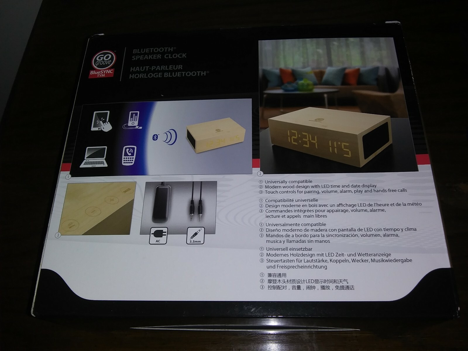 Gogroove BlueSYNC TYM Bluetooth Alarm Clock Wooden Speaker LED Touch AC Powered