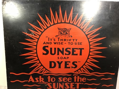 Vintage Sunset Soap Dyes Tin Sign Mount Vernon NY Owl Thrifty & Wise N Amer Dye