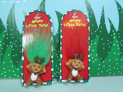 TWO CHRISTMAS REINDEER PINS  - 1 1/4'' Russ Troll - NEW ON CARD - Rare