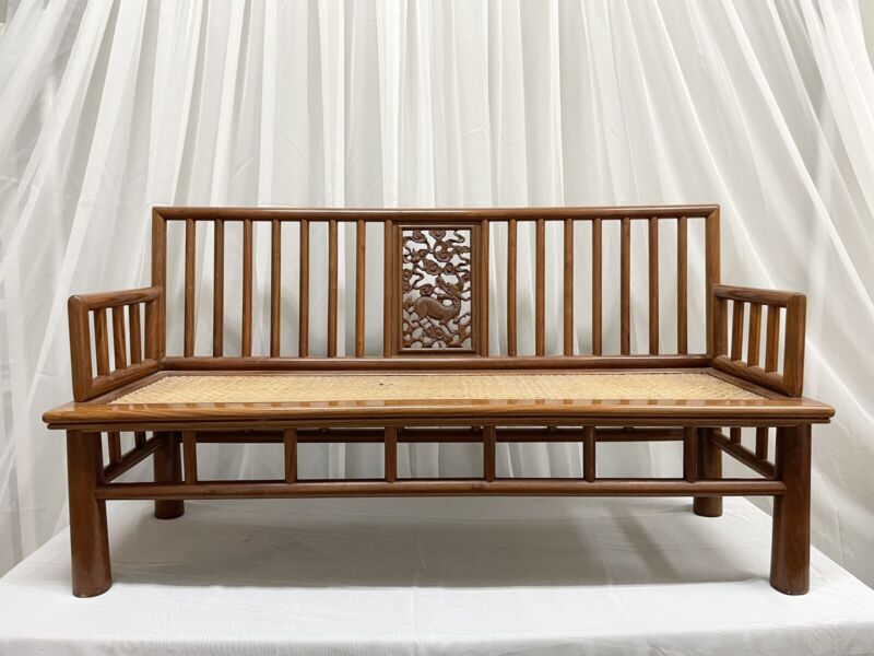 20th Century Chinese Huanghuali Ming Style Settee Carved Qilin + Cloud + Gourd 