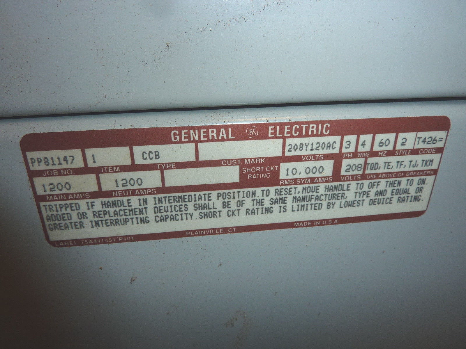 GE Type CCB,1200 AMP,208Y120AC,3p,4w,PANEL INTERIOR,w300A TJJ436300 Breaker,NEW