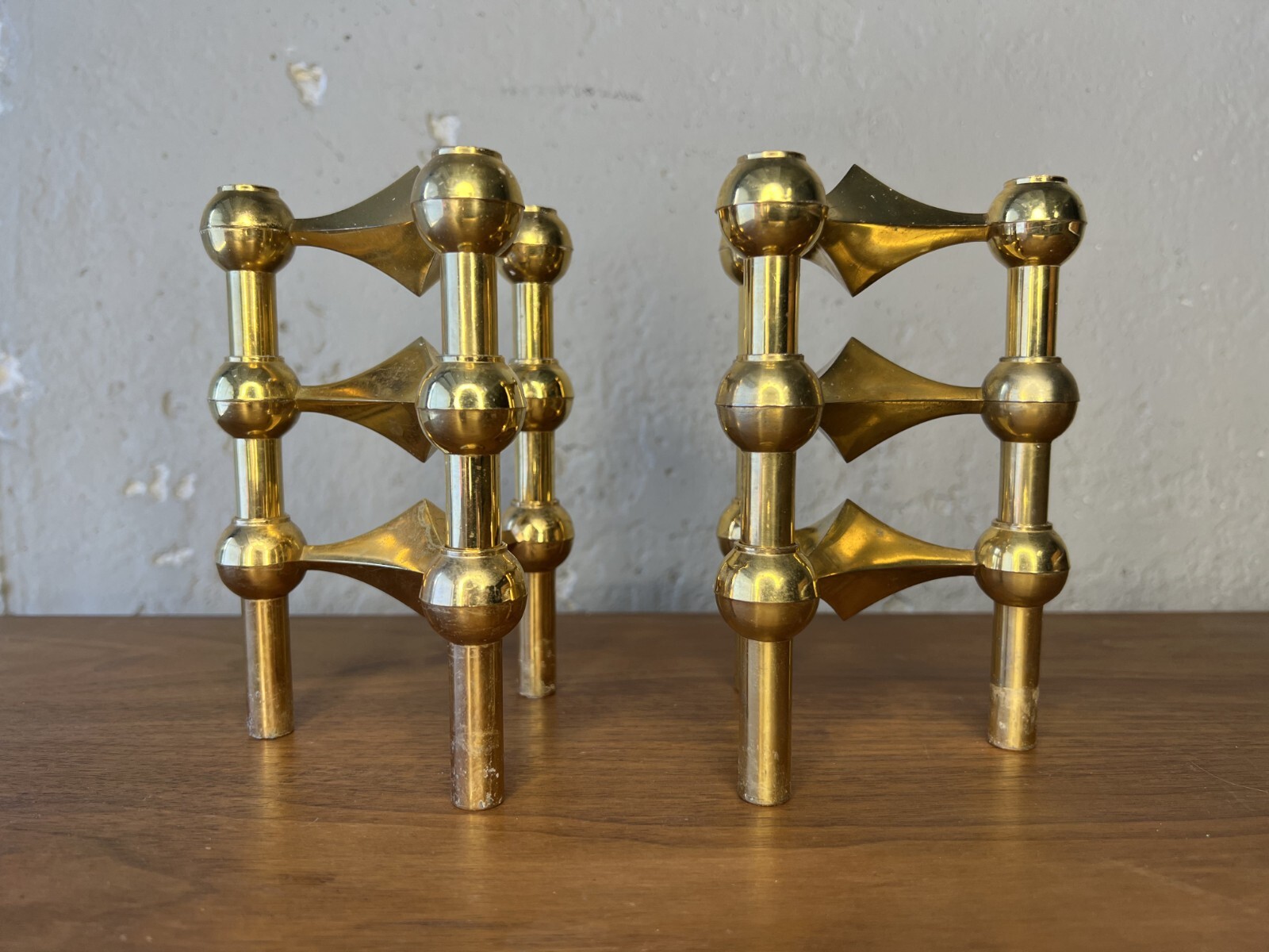 Lot of (x6) Vintage Mid-Century STOFF Nagel Brass Atomic Candlestick Holders