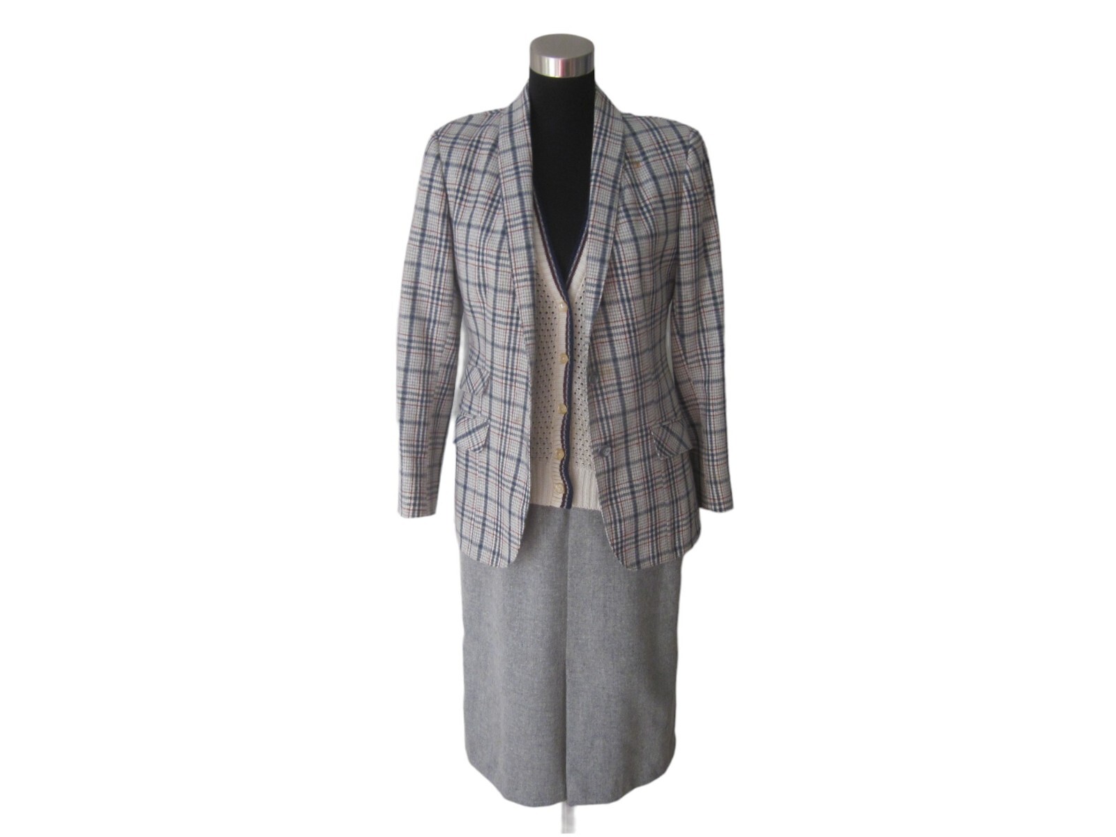 VTG SACHEL Wool 3 Pc Gray Blue Plaid Jacket Sweater Vest VTG SACHEL Wool 3 Pc Gray Blue Plaid Jacket Sweater Vest